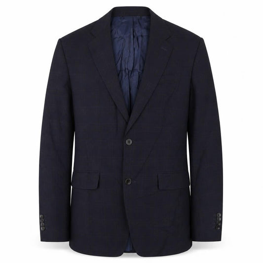 Front view of Zara men’s blue check polyester jacket suit jacket, size 40, regular