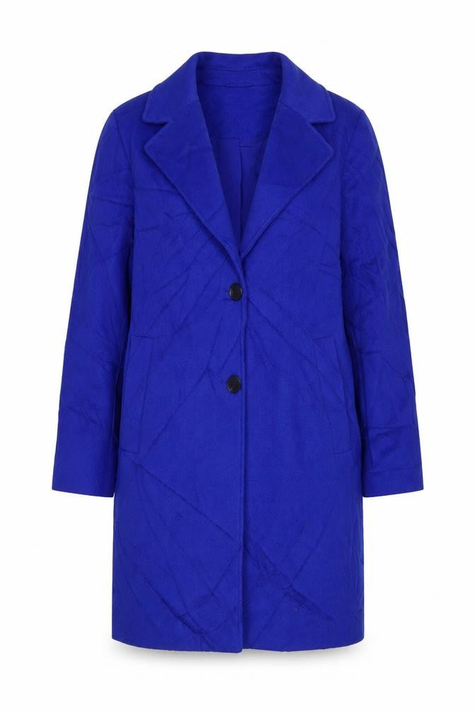 Front view of Marks & Spencer women’s blue overcoat coat, size UK 12, button