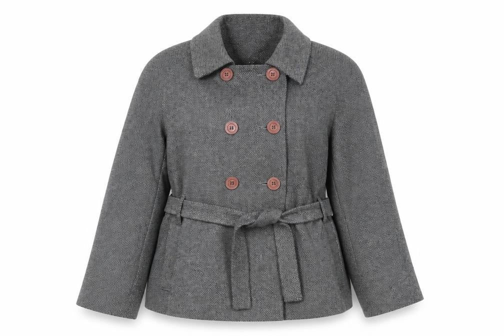 Front view of CMD women’s grey pea coat coat, size UK 18, button