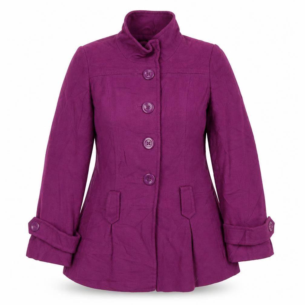Front view of Dunnes women’s purple overcoat coat, size UK 12, button
