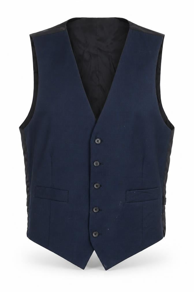 Front view of Marks & Spencer men’s blue polyester jacket suit waistcoat, size M, regular - label, size 38-40''