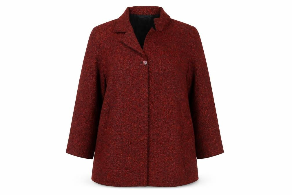 Front view of ELVI women’s red overcoat jacket, size UK 18, button