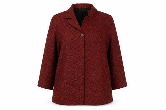 Front view of ELVI women’s red overcoat jacket, size UK 18, button