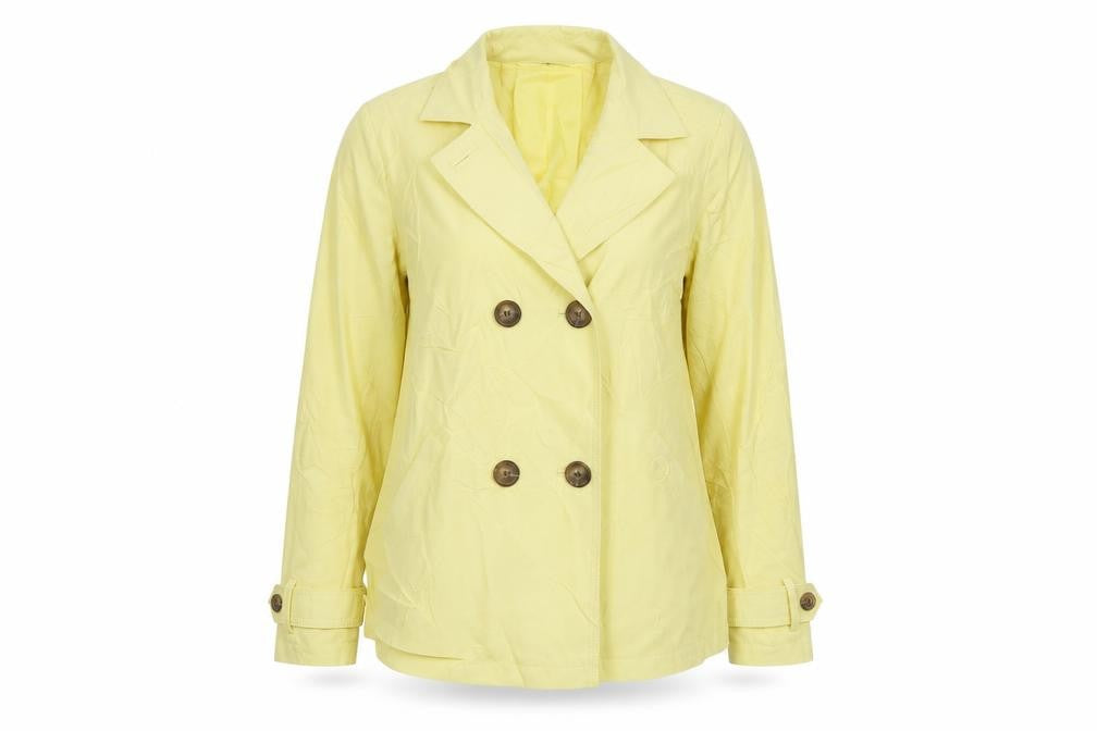 Front view of Debenhams women’s yellow trench coat coat, size UK 12, button