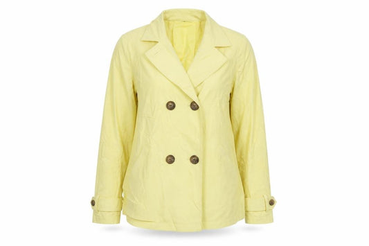 Front view of Debenhams women’s yellow trench coat coat, size UK 12, button