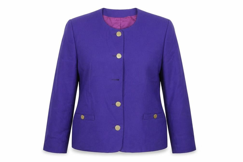 Front view of Brookside women’s purple jacket blazer, size UK 16, button