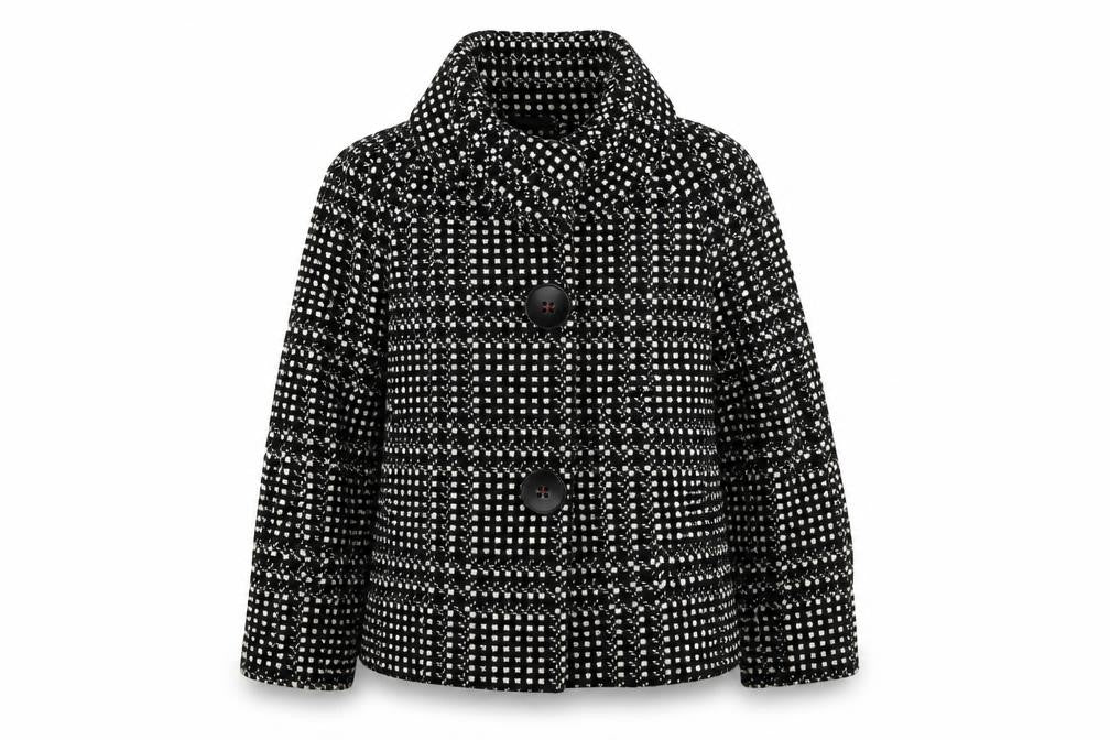 Front view of Marks & Spencer women’s black check pea coat coat, size UK 12, button