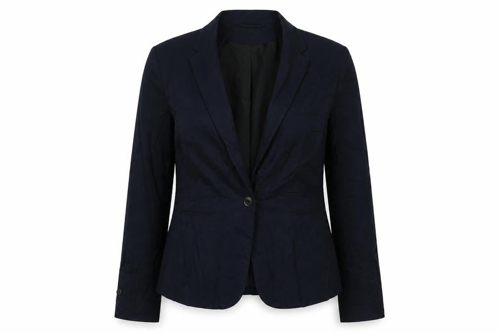 Front view of H&M women’s blue jacket blazer, size UK 10, button