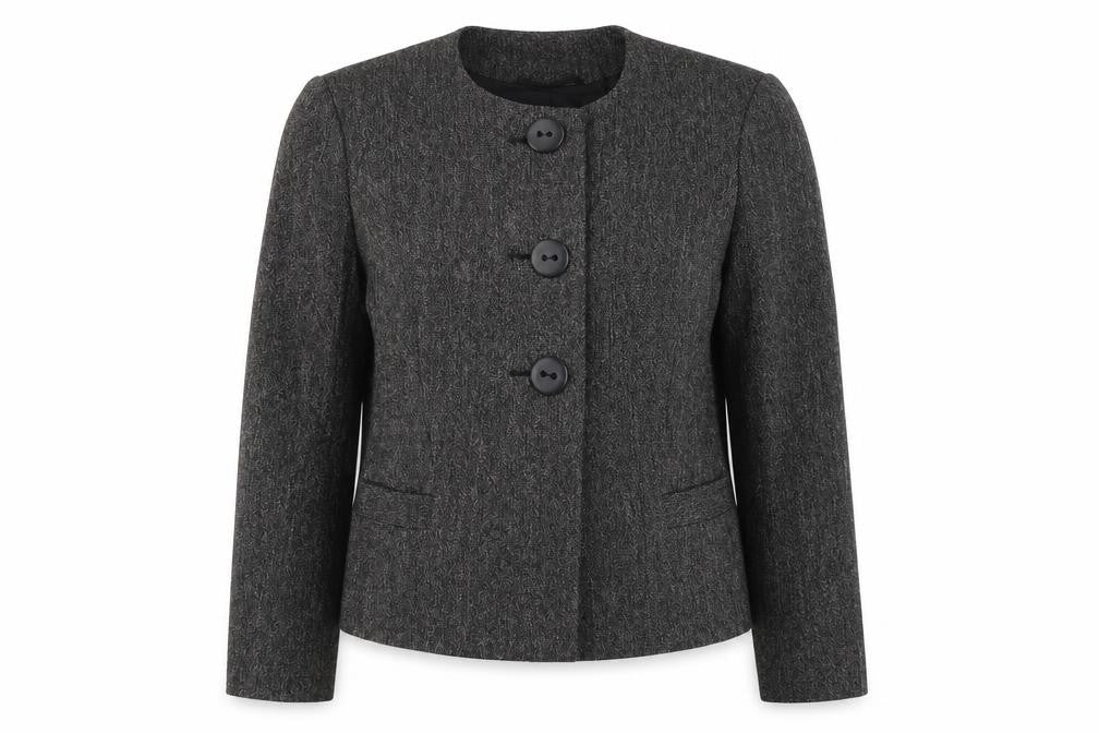 Front view of M&Co women’s grey jacket blazer, size UK 12, button