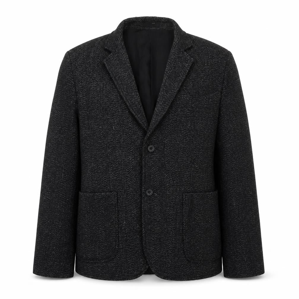 Front view of Bellfield men’s black jacket blazer, size L, button