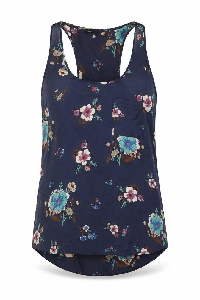 Front view of River Island women’s blue floral polyester basic tank, size UK 10, scoop neck
