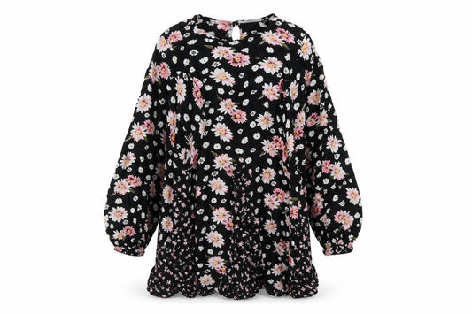 Front view of ASOS women’s black floral viscose a-line, size UK 10, round neck button