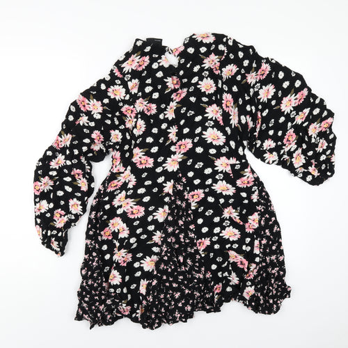 ASOS Womens Black Floral Viscose A-Line Size 10 Round Neck Button