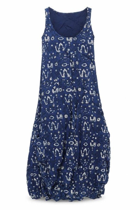 Front view of Chim women’s blue geometric cotton tank dress, size S, scoop neck pullover