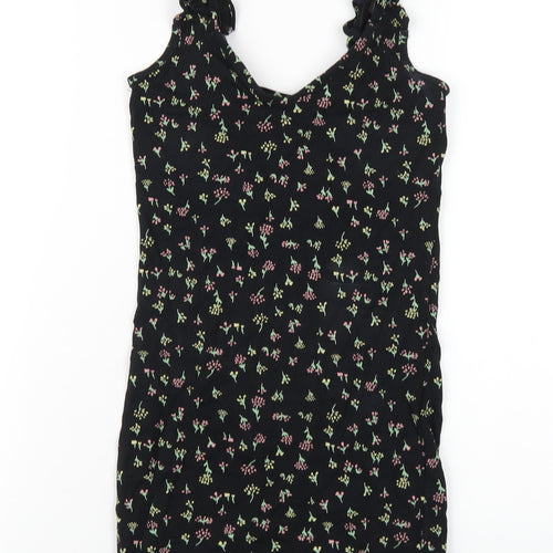 Miss Selfridge Womens Black Floral Viscose Bodycon Size 6 V-Neck Pullover