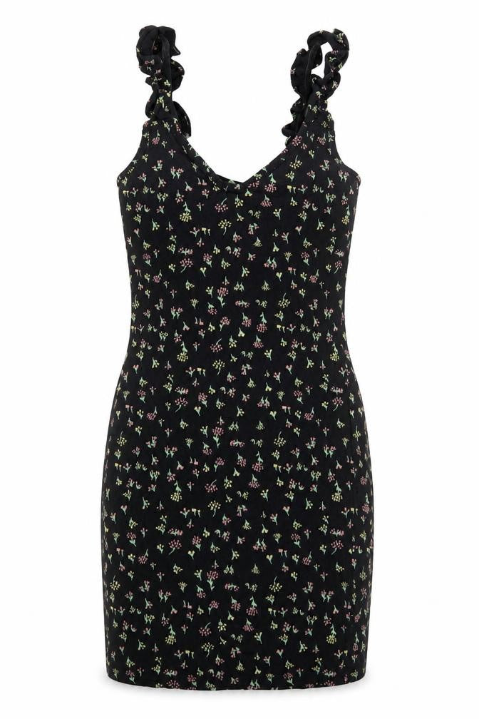 Front view of Miss Selfridge women’s black floral viscose bodycon, size UK 6, v-neck pullover