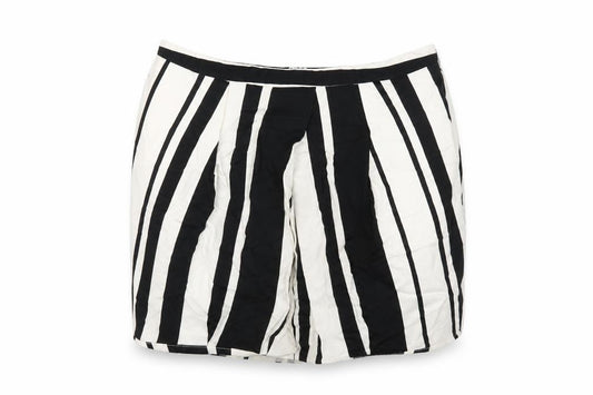 Front view of ASOS women’s black striped cotton mini skirt, size UK 12, zip