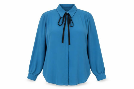 Front view of Marks & Spencer women’s blue polyester basic button-up, size UK 16, collared