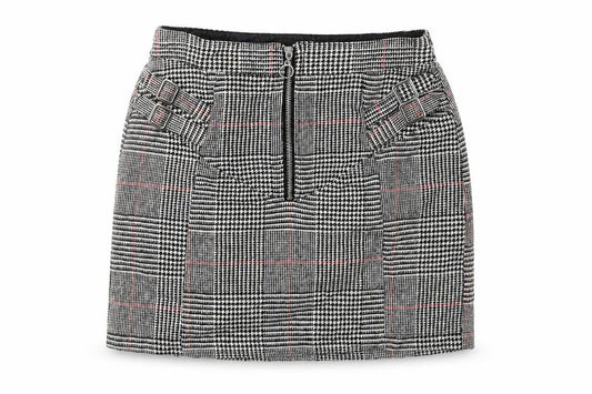 Front view of Topshop women’s black plaid acrylic mini skirt, size UK 10, zip