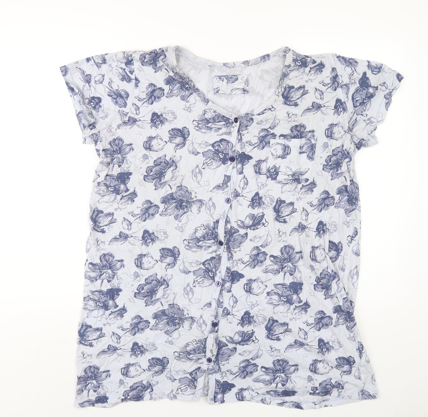 M&Co Womens Blue Geometric Cotton Basic T-Shirt Size 14 V-Neck