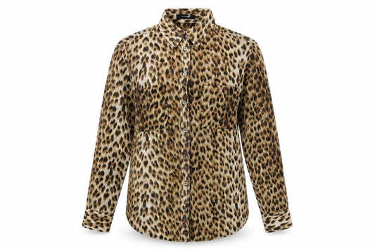 Front view of Oliviaceous women’s brown animal print polyester basic button-up, size S, collared