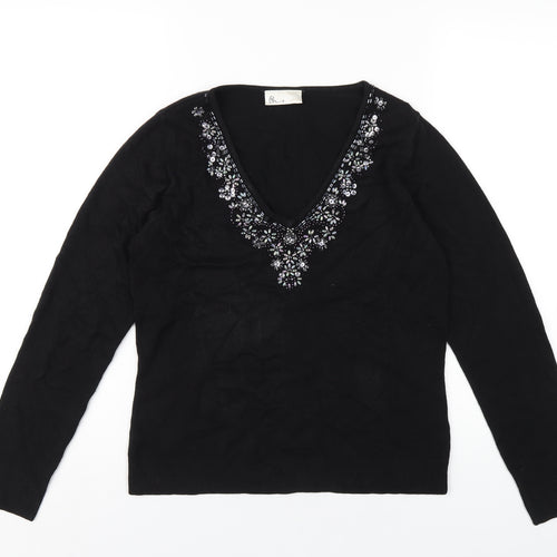 BHS Womens Black Acrylic Basic T-Shirt Size 12 V-Neck - Beaded Neckline