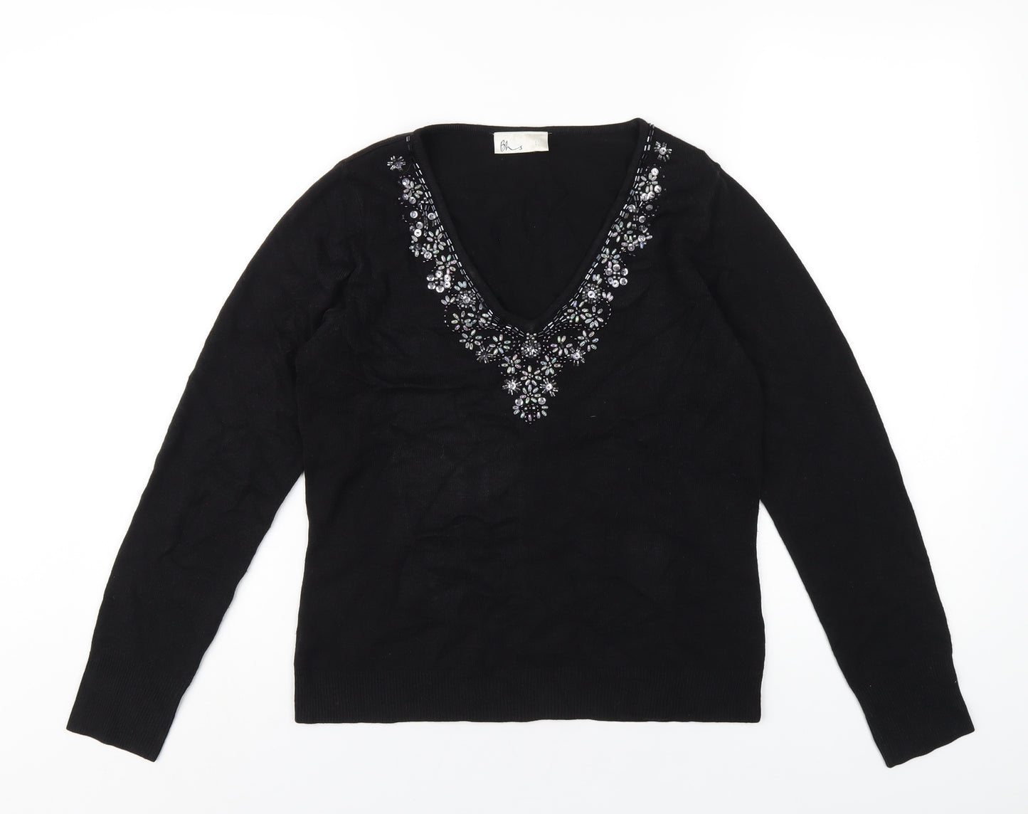BHS Womens Black Acrylic Basic T-Shirt Size 12 V-Neck - Beaded Neckline