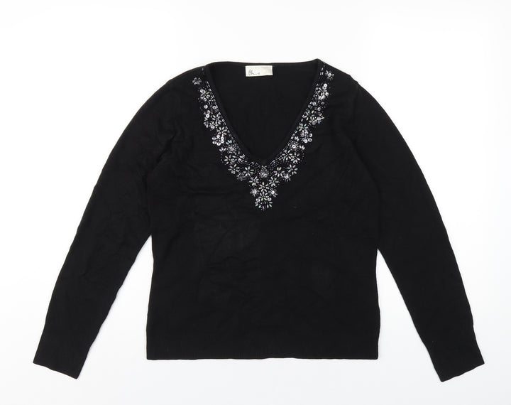 BHS Womens Black Acrylic Basic T-Shirt Size 12 V-Neck - Beaded Neckline