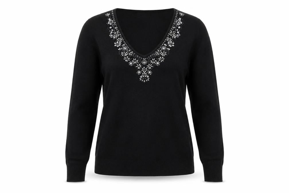 Front view of BHS women’s black acrylic basic t-shirt, size UK 12, v-neck - beaded neckline