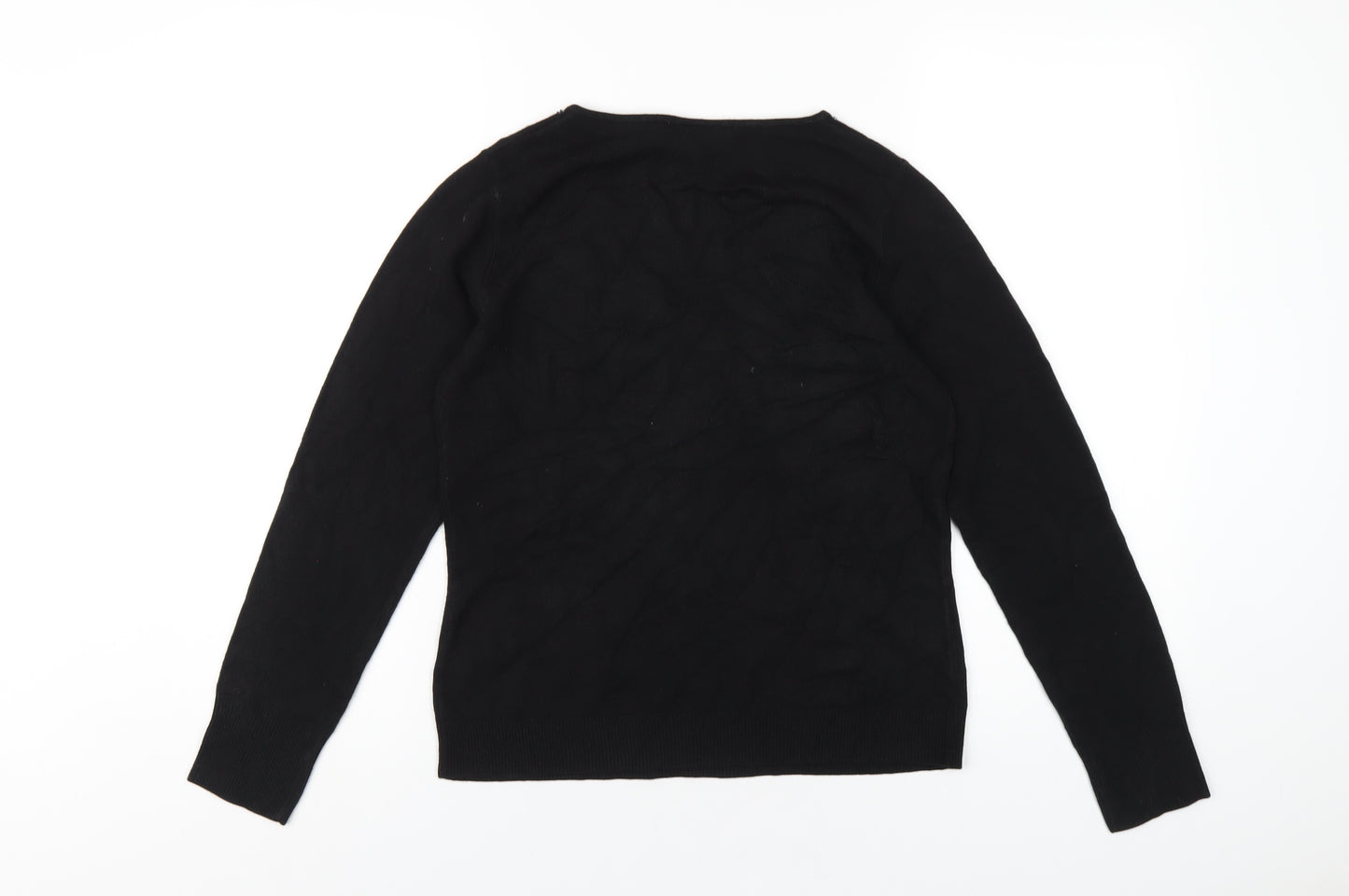 BHS Womens Black Acrylic Basic T-Shirt Size 12 V-Neck - Beaded Neckline