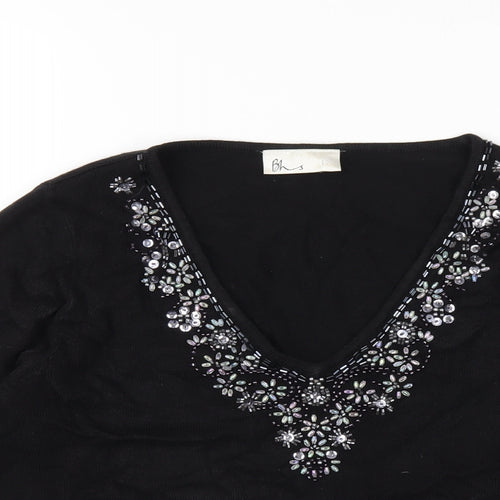 BHS Womens Black Acrylic Basic T-Shirt Size 12 V-Neck - Beaded Neckline