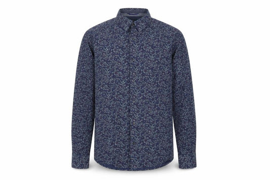 Front view of Next men’s blue geometric cotton button-up, size M, collared button