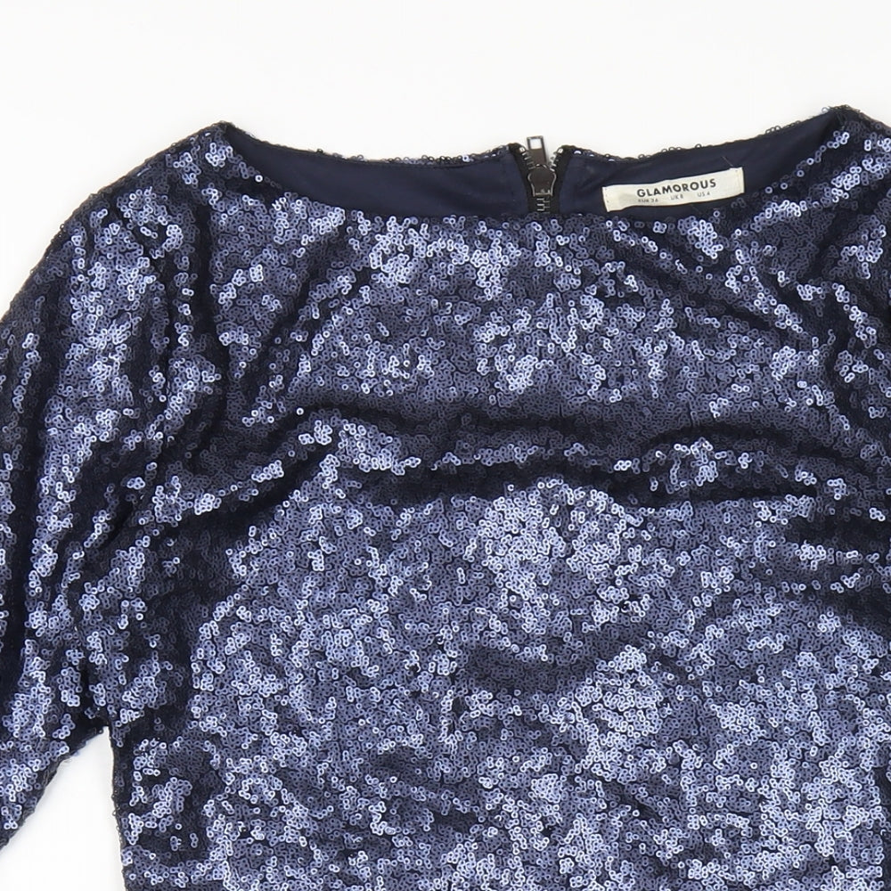 Glamorous Womens Blue Polyester Bodycon Size 8 Round Neck Zip - Sequin