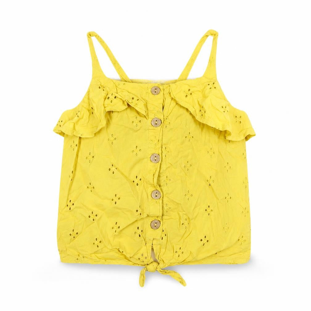 Front view of Next girls’ yellow cotton basic button-up, size 12, years square neck button