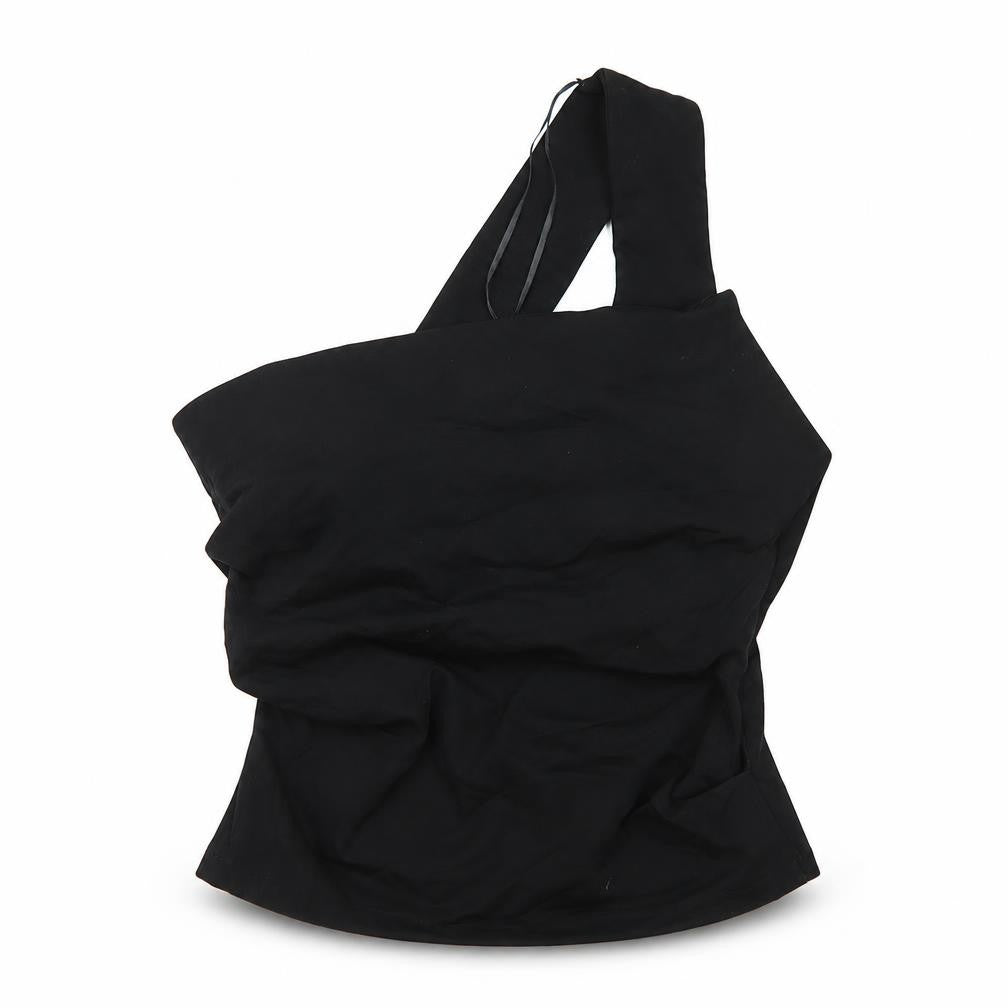 Front view of Zara women’s black polyester basic t-shirt, size M, one shoulder