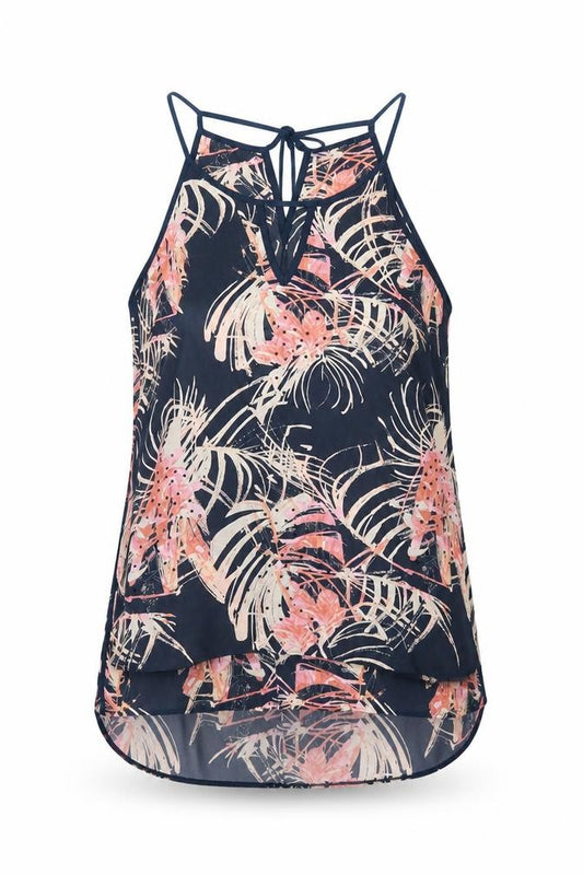 Front view of Next women’s blue floral polyester basic t-shirt, size UK 12, round neck