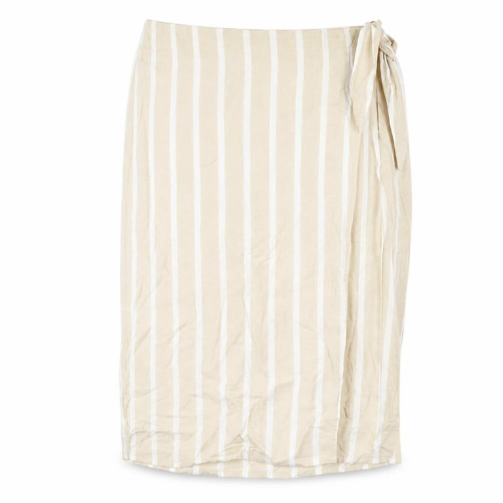 Front view of Principles women’s beige striped linen a-line skirt, size UK 16, zip