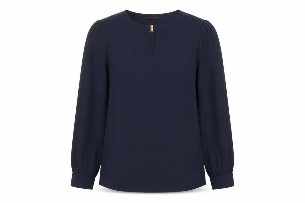 Front view of Annabelle women’s blue polyester basic t-shirt, size S, round neck