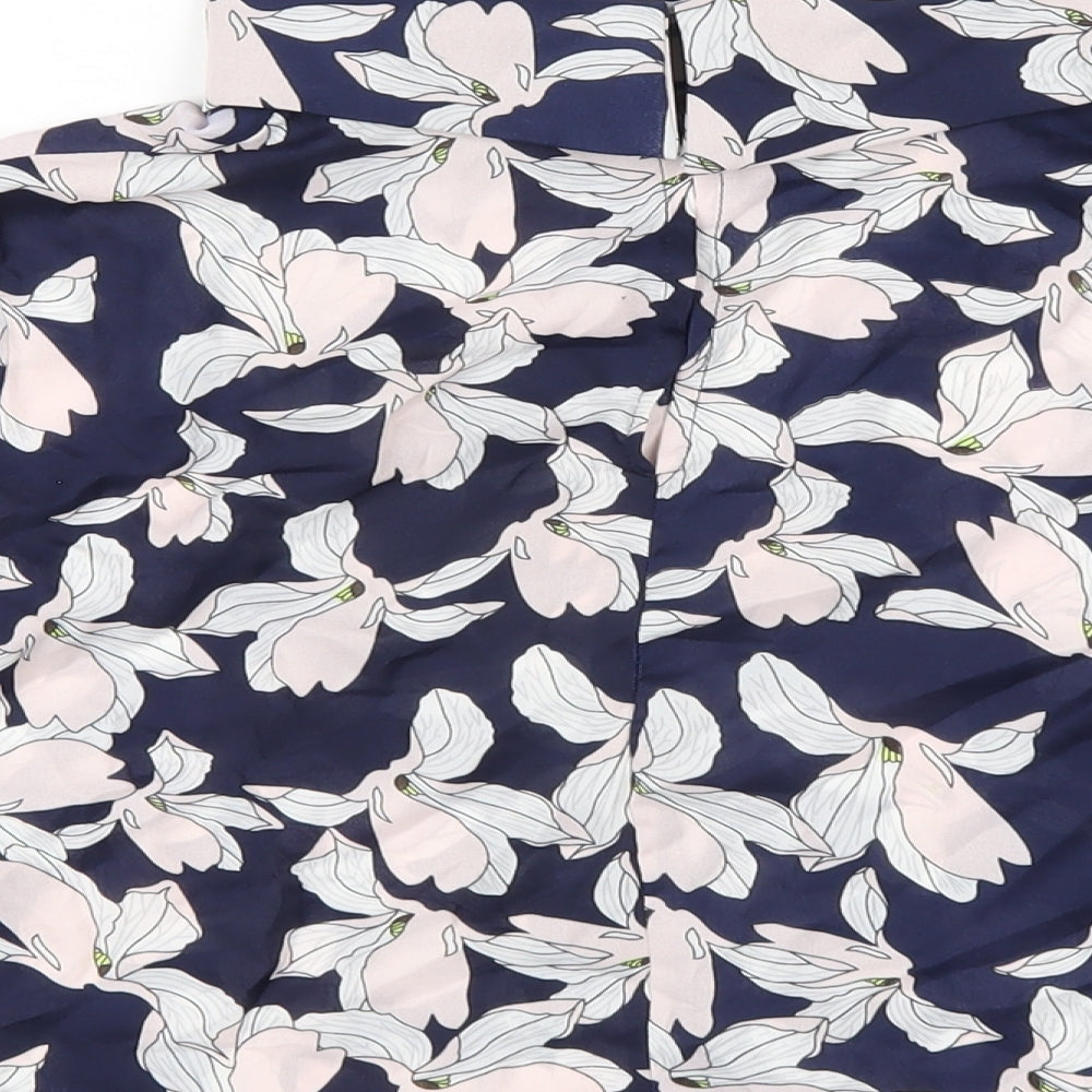 Fashion Union Womens Blue Floral Polyester Basic T-Shirt Size 12 Mock Neck