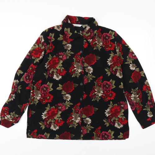 Berkertex Womens Black Floral Polyester Basic Button-Up Size 16 Collared