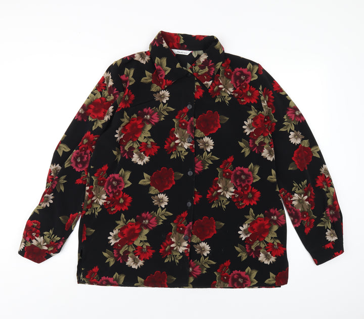 Berkertex Womens Black Floral Polyester Basic Button-Up Size 16 Collared