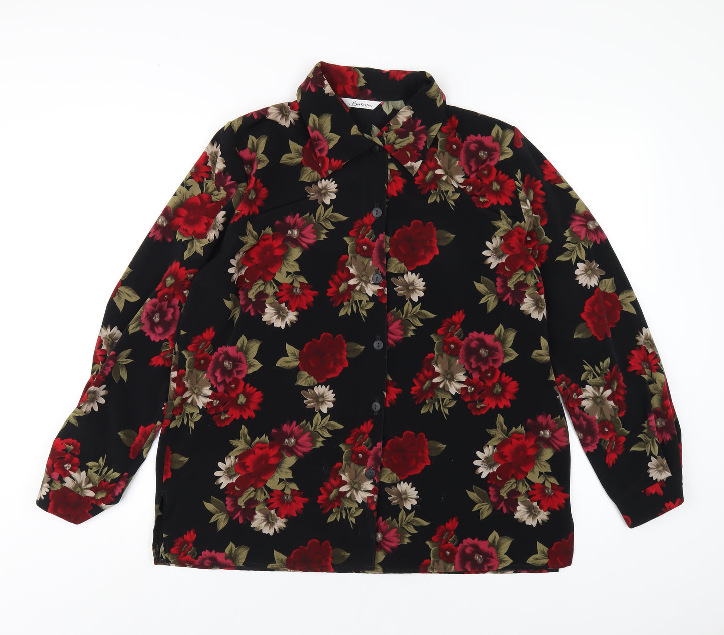 Berkertex Womens Black Floral Polyester Basic Button-Up Size 16 Collared