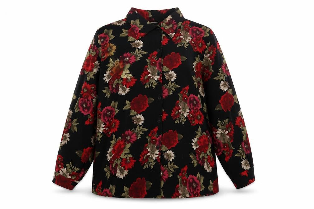 Front view of Berkertex women’s black floral polyester basic button-up, size UK 16, collared