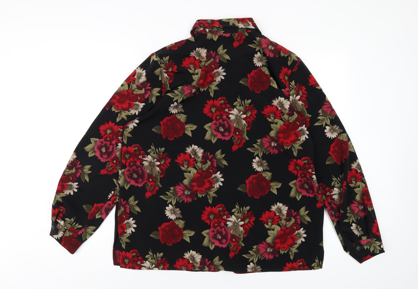 Berkertex Womens Black Floral Polyester Basic Button-Up Size 16 Collared
