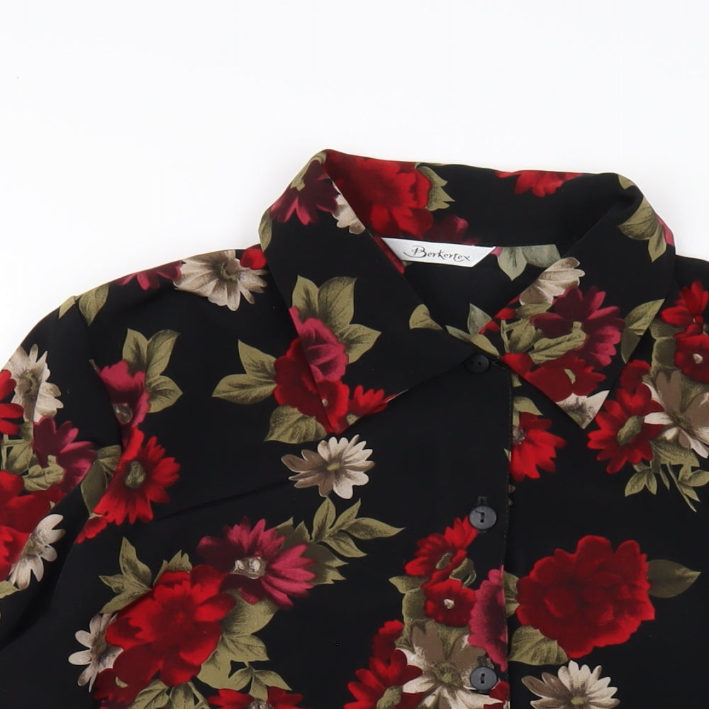 Berkertex Womens Black Floral Polyester Basic Button-Up Size 16 Collared