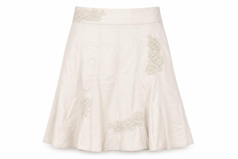 Front view of Phase Eight women’s beige cotton a-line skirt, size UK 12, zip
