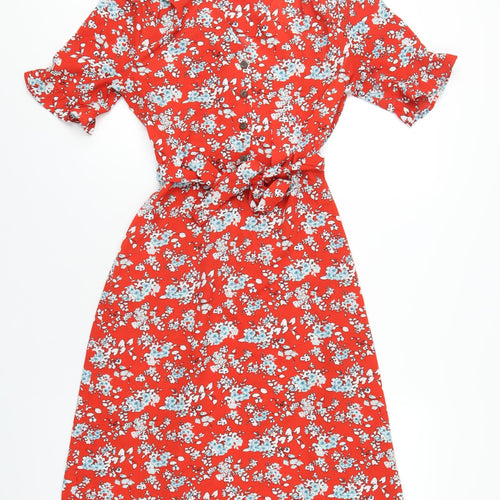 Monteau Womens Red Floral Polyester A-Line Size S V-Neck Button