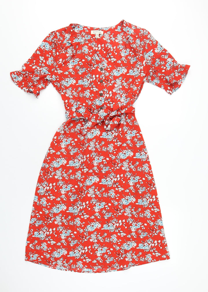 Monteau Womens Red Floral Polyester A-Line Size S V-Neck Button