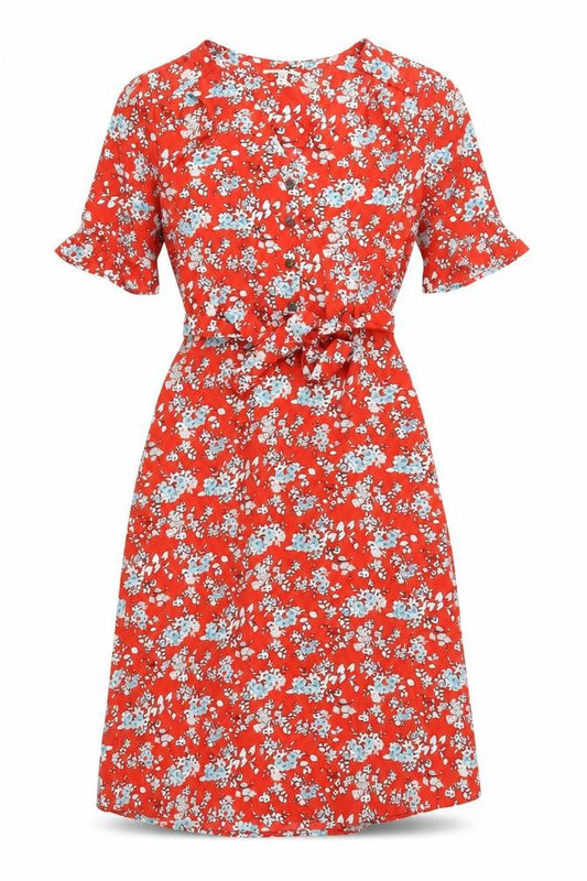 Front view of Monteau women’s red floral polyester a-line, size S, v-neck button