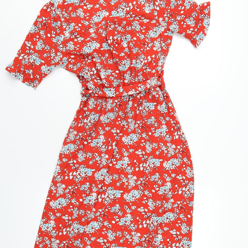 Monteau Womens Red Floral Polyester A-Line Size S V-Neck Button